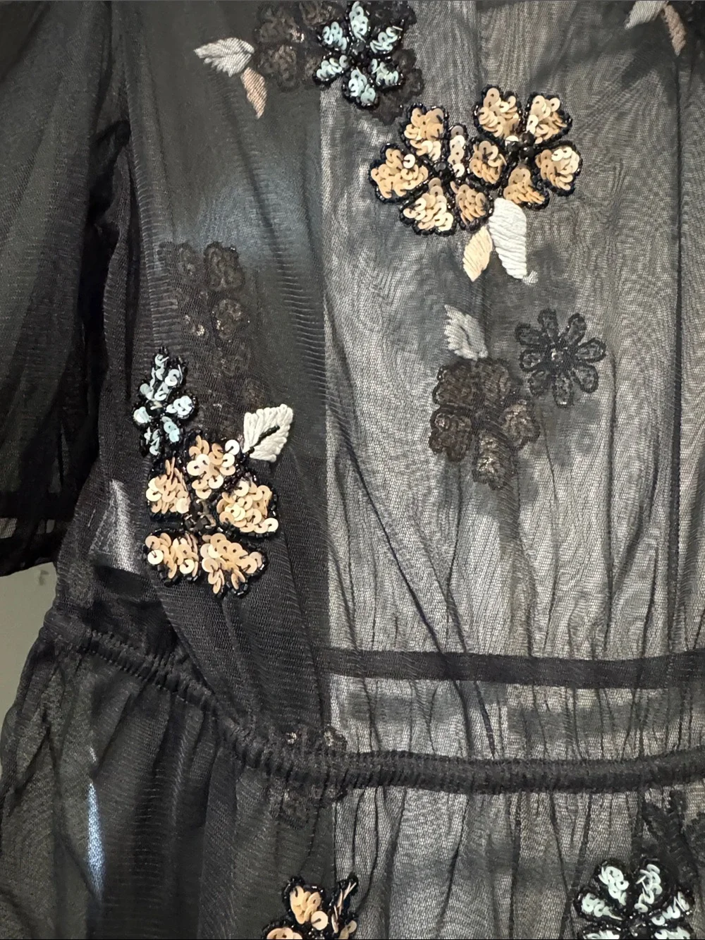 Anthropologie Black Sheer Mesh Floral Appliqué Peplum Blouse - Picture 3 of 5